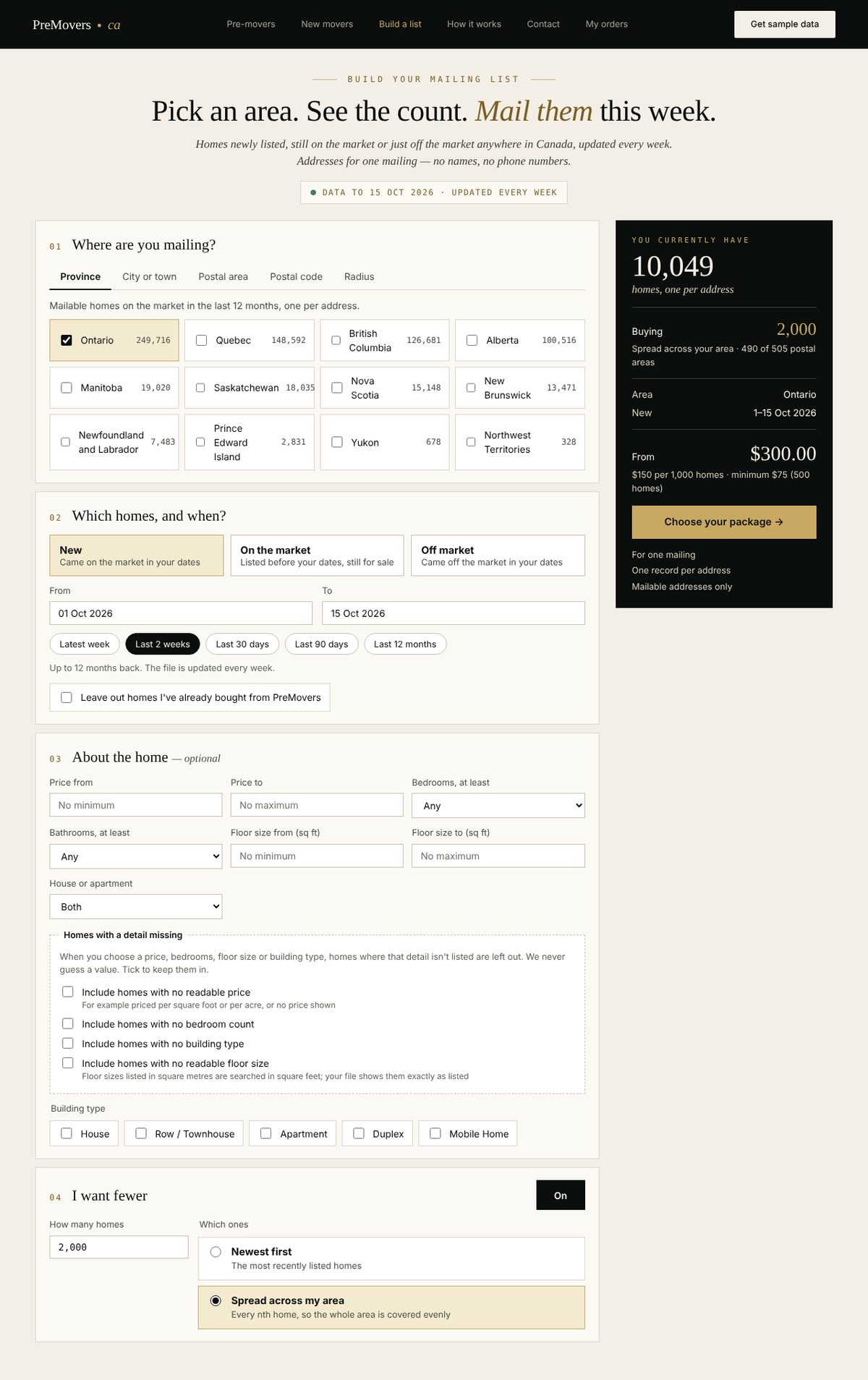 PreMovers.ca store: the Build your list screen. Pick a province, city, postal area, postal code or radius; choose new, on the market or off market; set dates and home details; see the count and price.